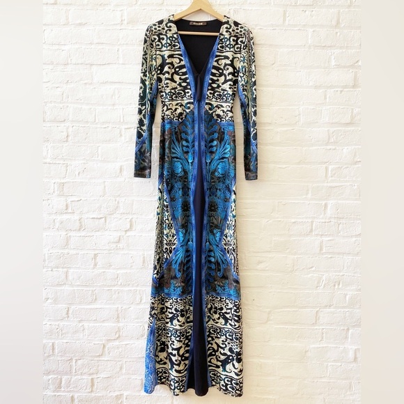 Roberto Cavalli || Long-Sleeve Mixed-Print Gown Blue Black IT 40 US 4 - Picture 1 of 12